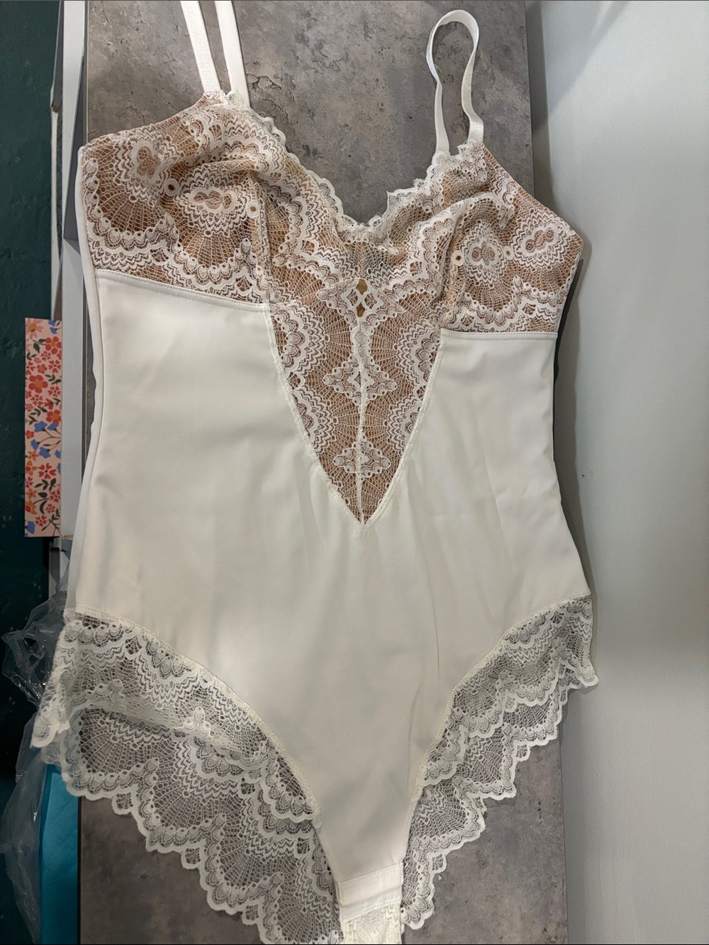 Lace Trim Ivory Bodysuit Shapewear